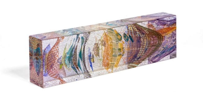 Jeffrey Sarmiento, Encyclopaedia, 2018 Screen printed and fused glass 82 x 21 x 13 cm photo by David Williams