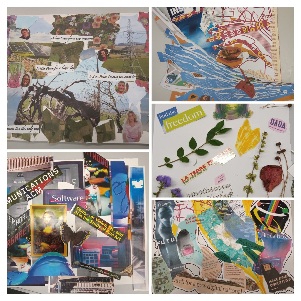 Collages made by members of Friends of the Hatton attending an AI based workshop by Leila Hogarth