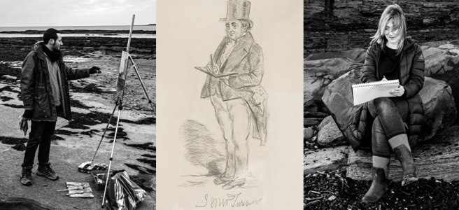 three famous artists sketching outdoors, Luke-McTaggart, JMW Turner and Katherine Renton