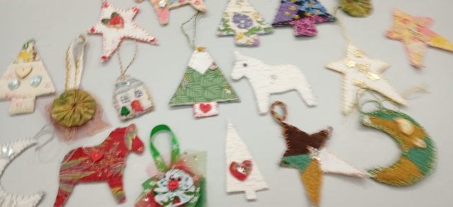 Christmas decorations made with vintage fabrics from Kath Price's workshop