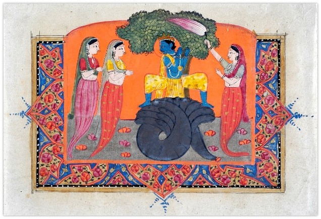 Artist unknown Sri Krishna with a flute seated on Kaliya and attended by three Naginis watercolour