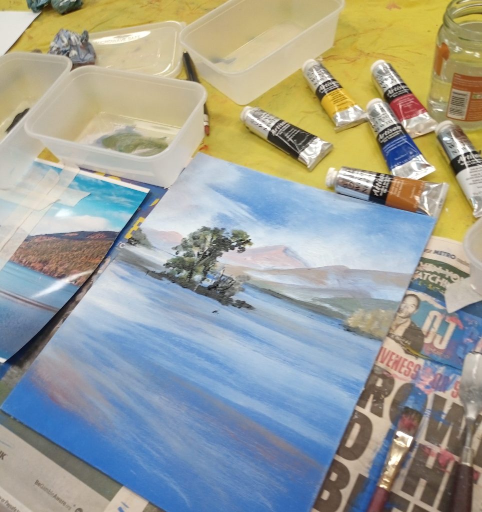 Work produced during our Mountain Landscapes in Water-Based Oil Paints workshop