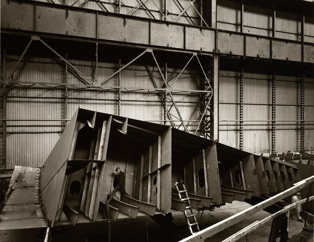 Section in 'Fab' shed. Inside the fabrication shed, Here the plates are welded into pre-fabricated sections that are then taken outside to the ship where they are positioned and welded into the main structureof the ship.
