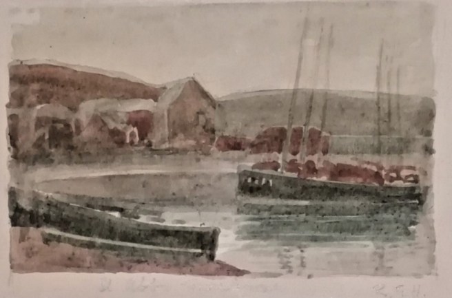 A watercolour painting of St Abbs harbour in Cornwall by Richard Hatton